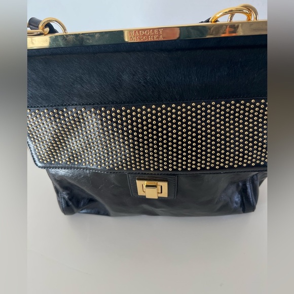 Badgley Mischka Black Patent Leather Calf Hair Gold Hardware Hand Bag - Picture 7 of 13